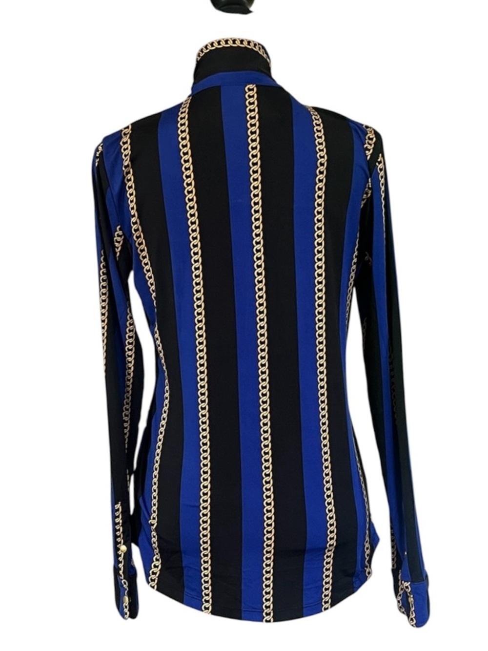 NWT MaxSport Chain Print Pattern Neck Tie Long Sleeve Cobalt Blouse Size Medium - Picture 10 of 13
